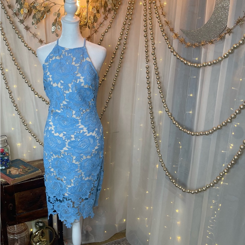 Just Me Blue Lace Halter Sheath Dress for Cocktail Events